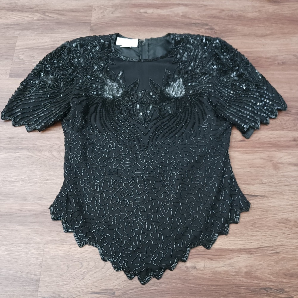 Laurence Kazar Vintage Black Beaded Sequin Evening Top Scalloped Hem Size L